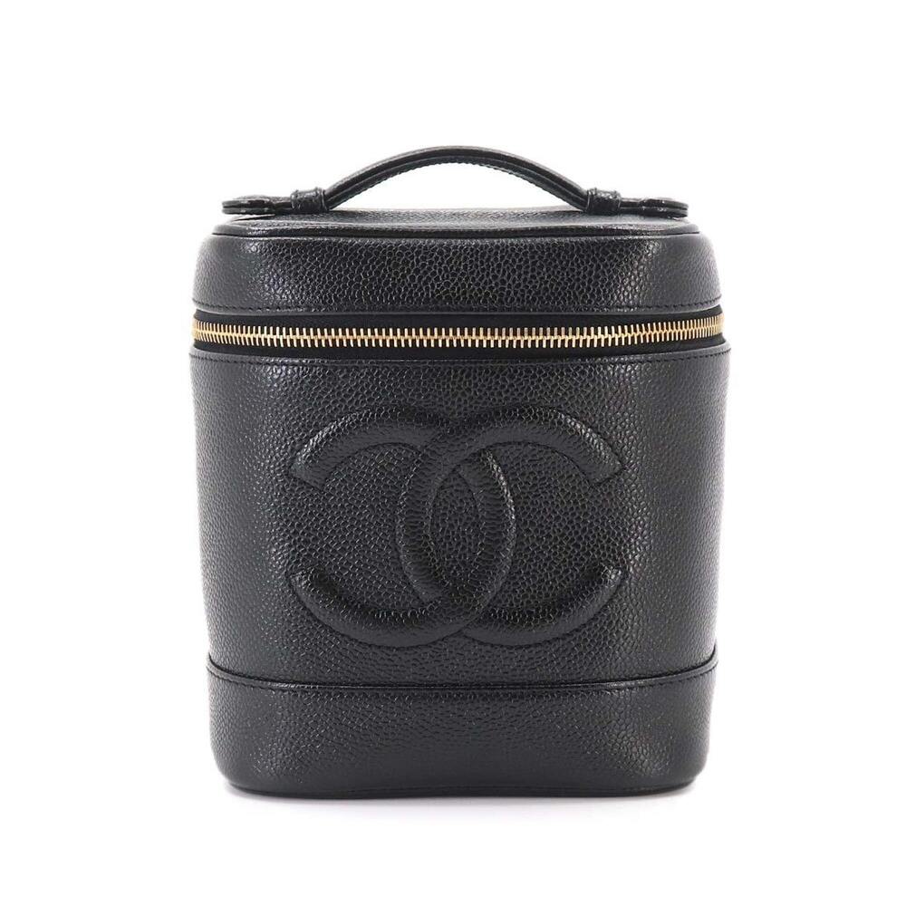 CHANEL Black Caviar Leather Logo Vanity Bag